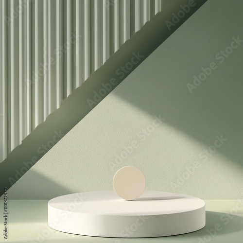 Minimalist design showcasing round platform in softly lit green space