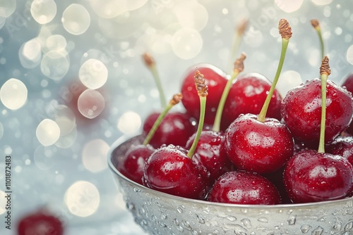 Fresh cherries glistening with water droplets in a silver bowl during a summe...