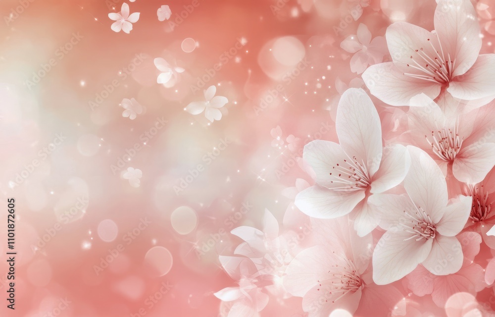 Delicate white flowers blooming against a soft pink background during springtime Delicate white flowers blooming against a soft pink background during springtime