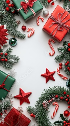 Holiday decorations with wreaths, gifts, and candy canes arranged for a festi...
