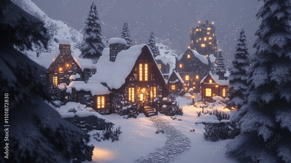 Fototapeta premium Cozy Snowy Village at Twilight with Warm Glowing Windows
