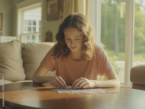 a young brunette woman in a pink shirt sitting at a couch table doing a puzzle photo