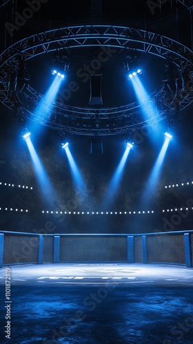 MMA Octagon Under Blue Spotlights - Ready for the Fight