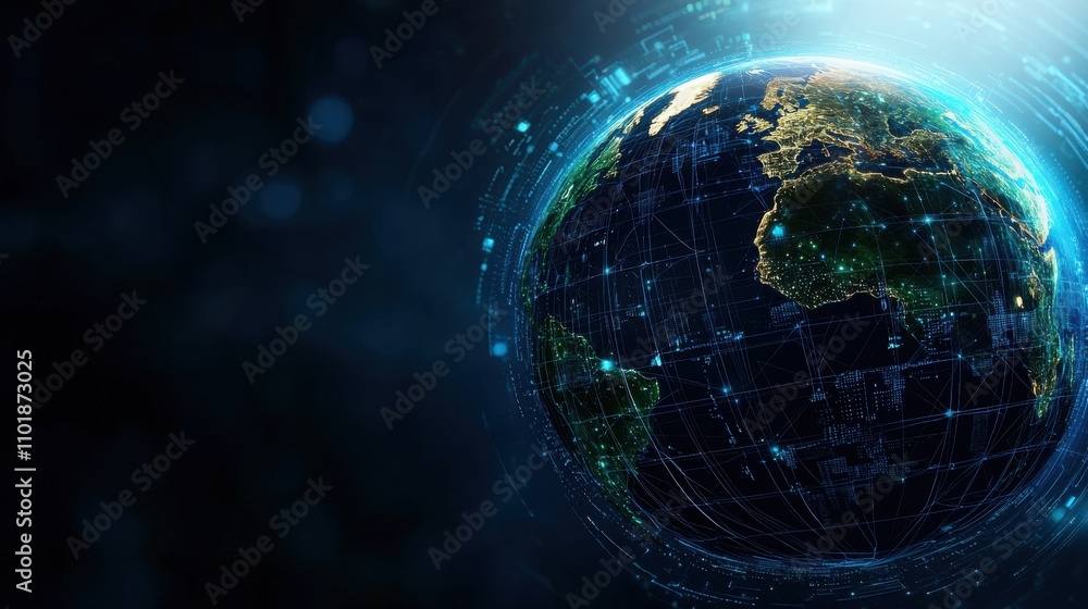 visualize global earth digital Concept. A vibrant depiction of Earth from space, showcasing a network of light and energy around the planet, emphasizing global connectivity visualize global earth digital Concept. A vibrant depiction of Earth from space, showcasing a network of light and energy around the planet, emphasizing global connectivity
