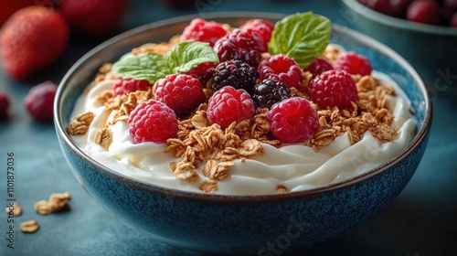 A blue bowl filled with yogurt, granola, raspberries, blackberries, and mint leaves.