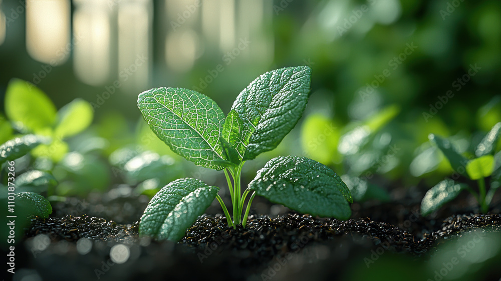 vibrant green plant sprouting from rich soil, showcasing detailed leaves and healthy growth environment. scene evokes sense of freshness and vitality vibrant green plant sprouting from rich soil, showcasing detailed leaves and healthy growth environment. scene evokes sense of freshness and vitality