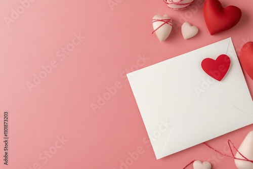 Romantic envelope and heart decorations on a pink background for special occa...