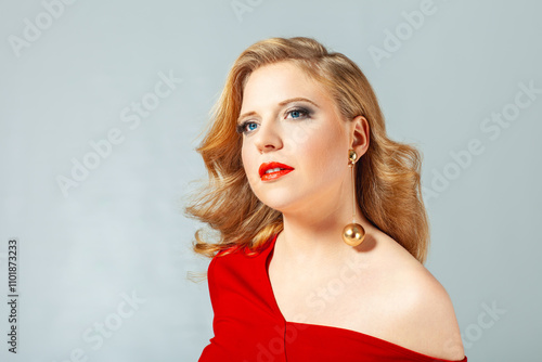 Glamorous Woman in Red Dress Isolated on White Background