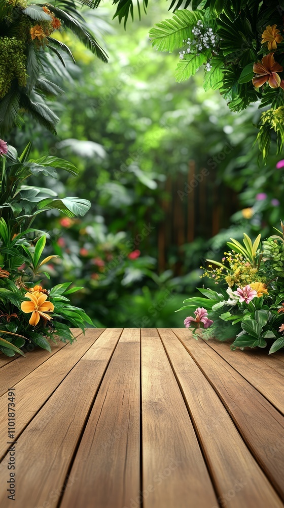 Fototapeta premium Wooden planks on a tropical jungle background.