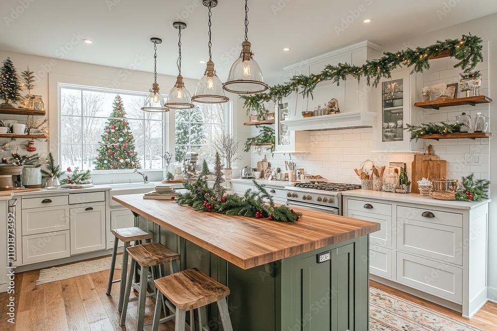 Stylish kitchen with white cabinets, wooden island, and green Christmas decorations. Vintage lamps, Christmas tree, and garlands create a festive atmosphere with overhead lighting. Stylish kitchen with white cabinets, wooden island, and green Christmas decorations. Vintage lamps, Christmas tree, and garlands create a festive atmosphere with overhead lighting.