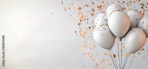 Decorative design with white spheres and golden glitter on a blank background