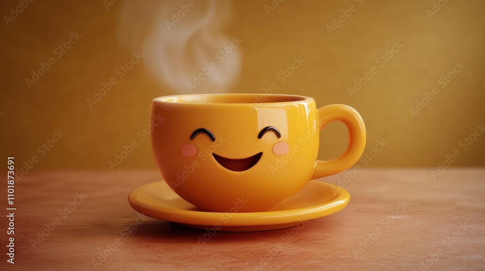 Happy Smiling Coffee Cup On Saucer With Steam Happy Smiling Coffee Cup On Saucer With Steam