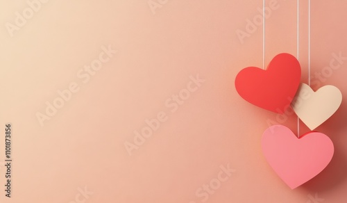 Colorful hanging hearts decorate a soft pink background for a cheerful atmosp...