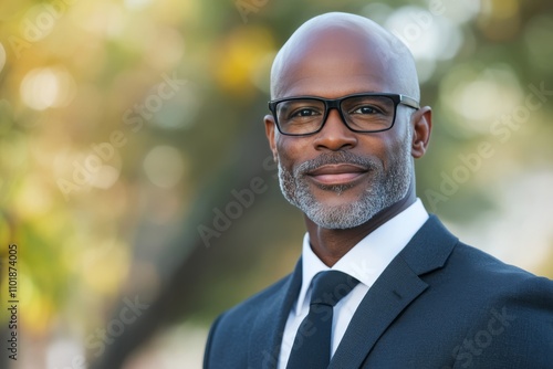 Professional man in suit poses confidently with urban backdrop during a sunny...