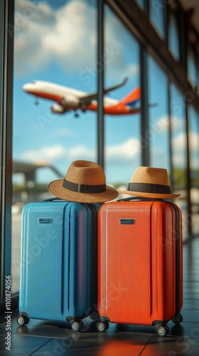 Bright suitcases with hats waiting at airport terminal as plane prepares for ...