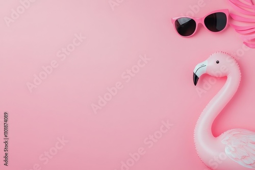 Pink flamingo pool float wearing sunglasses against a pastel pink background ...