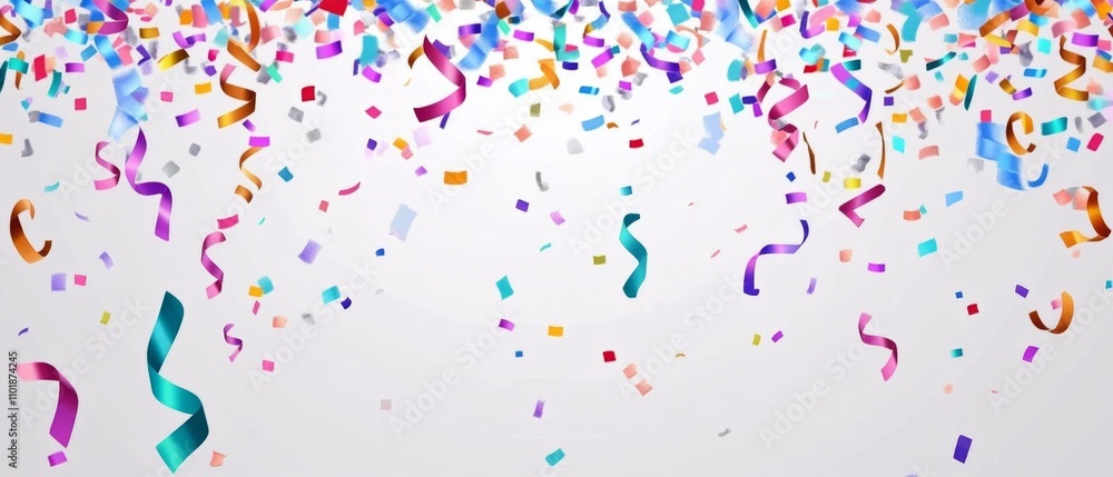 Background with colored confetti and streamers isolated on white background for birthday party or New Year's festivities and copy space Background with colored confetti and streamers isolated on white background for birthday party or New Year's festivities and copy space
