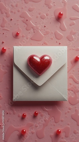 Creative heart themed envelope on a pink background with decorative beads and...