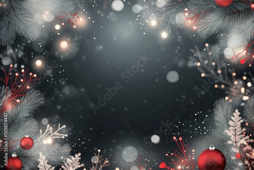 Festive Christmas decoration with red ornaments and pine branches in winter s...