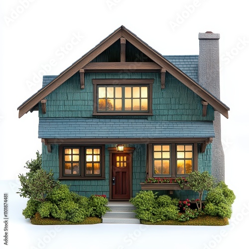 A small blue house with a porch and a window