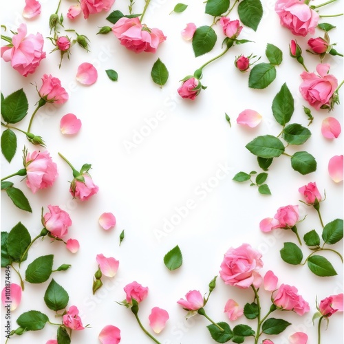 Soft pink roses arranged with petals on a white surface creating a serene dec...