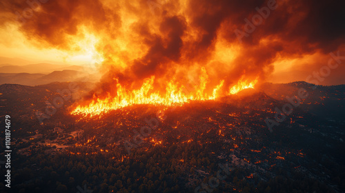 massive wildfire engulfing mountainous landscape, creating dramatic scene of flames and smoke. intensity of fire highlights urgency of environmental issues