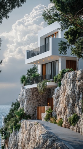 Modern cliffside house overlooking the ocean with lush greenery during the day