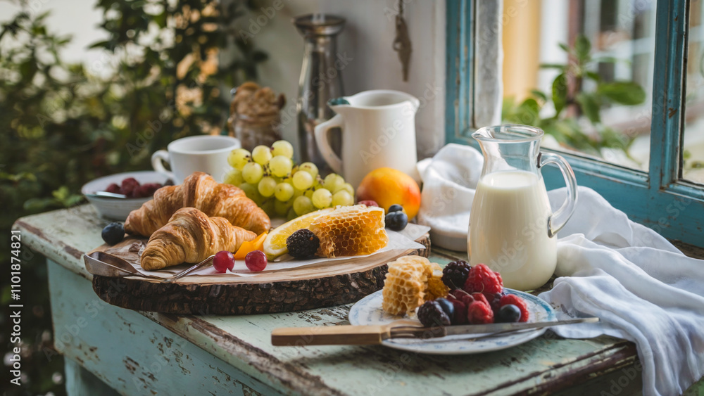 A rustic breakfast spread. A wooden board with croissants, fresh fruit, honeycomb, and a pitcher of milk. The board is placed on a weathered table near a window. A rustic breakfast spread. A wooden board with croissants, fresh fruit, honeycomb, and a pitcher of milk. The board is placed on a weathered table near a window.