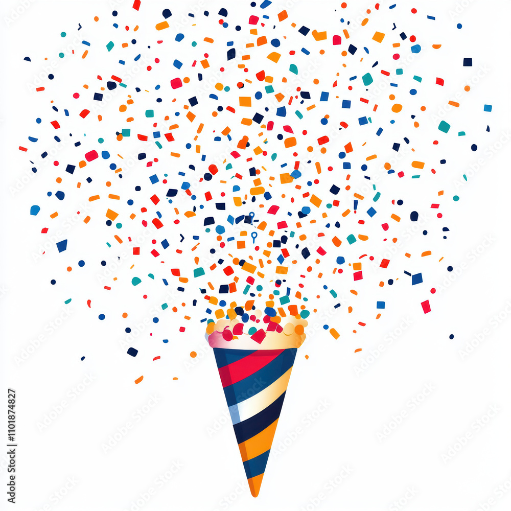Obraz premium Colorful confetti bursts from festive party hat, creating joyful atmosphere. This vibrant image captures essence of celebration and fun, perfect for party themes