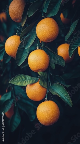 Fresh oranges hanging from vibrant green leaves in sunny orchard environment