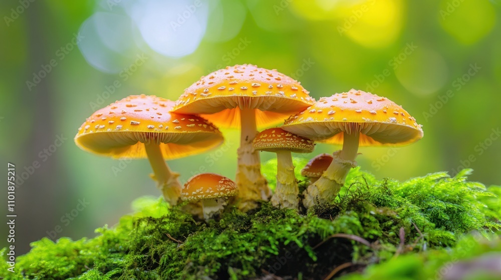 Golden Mushrooms Cluster Growing On Mossy Forest Floor Golden Mushrooms Cluster Growing On Mossy Forest Floor