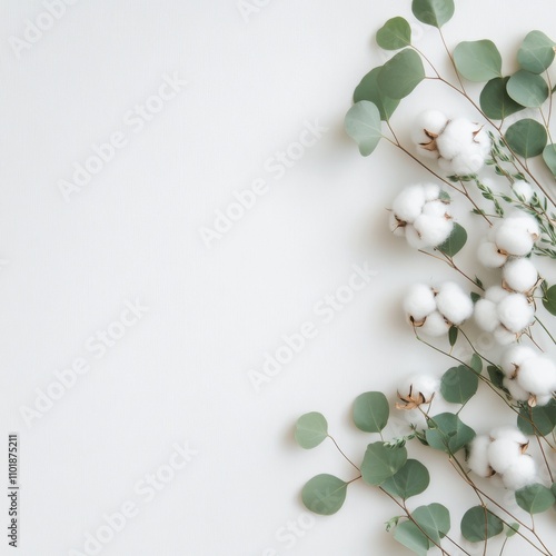 Soft cotton branches and eucalyptus leaves arranged on a light background for...