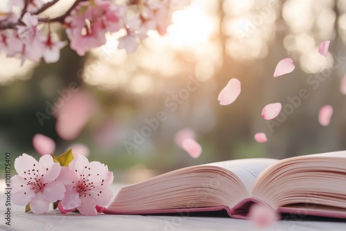 Beautiful spring blossoms surround an open book amid soft pastel colors