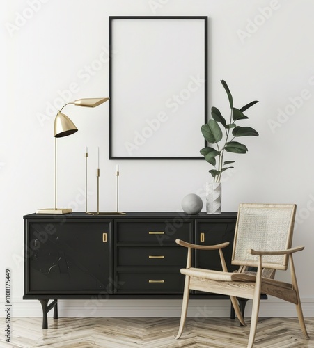 A minimalistic living room interior with a wooden chair. a lamp. a cabinet. a vase. and a blank frame