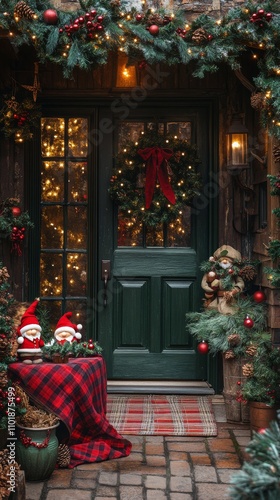 Charming holiday entrance adorned with wreath, lights, and festive decorations