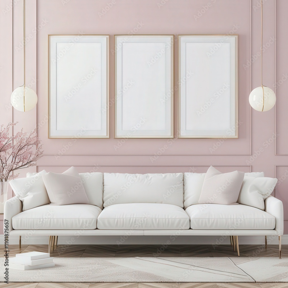 Fototapeta premium A living room interior with a white sofa. three blank frames. and a light pink wall