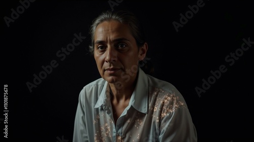 Portrait of an elderly Indian woman with a serious expression against a black background