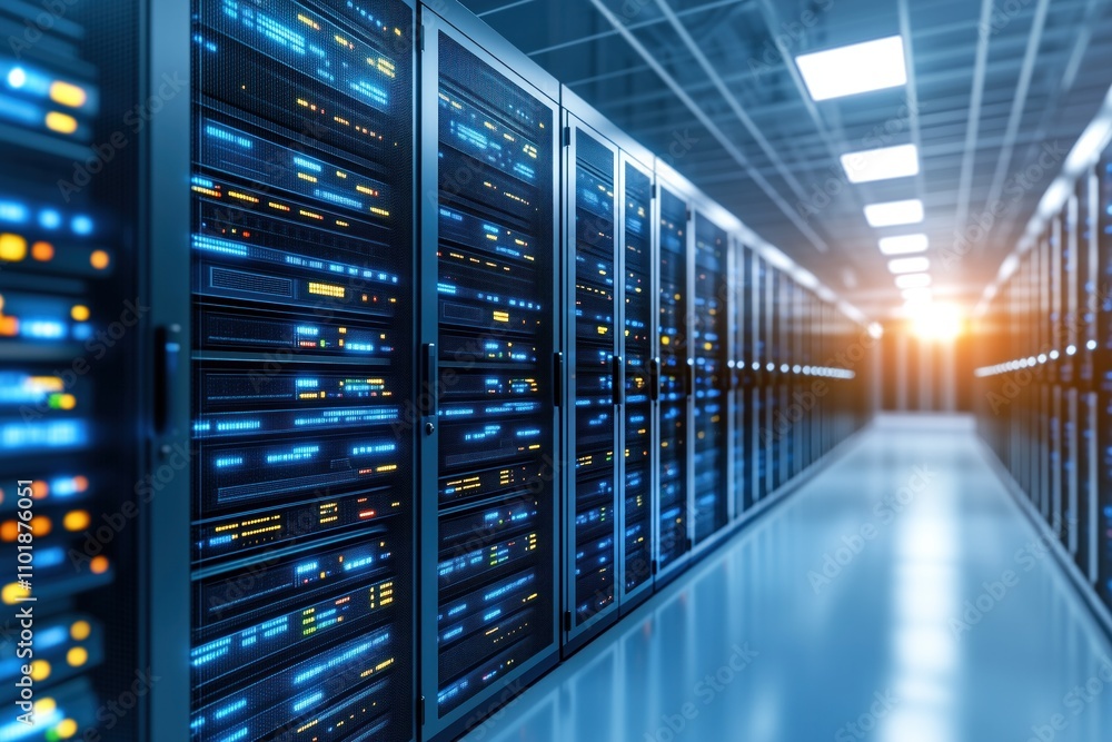 A modern data center filled with servers and illuminated by soft lighting during late afternoon hours A modern data center filled with servers and illuminated by soft lighting during late afternoon hours