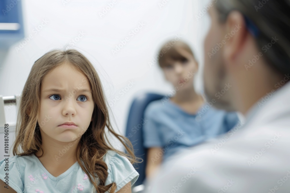 A young child sits in a chair facing a doctor for a consultation A young child sits in a chair facing a doctor for a consultation
