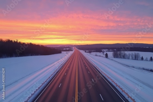 Bright sunset over the ocean with palm trees lining the coastal highway
