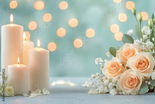 Soft glow of candles and delicate roses creates a serene atmosphere for relax...