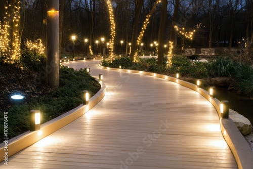 Evening stroll along a beautifully lit wooden pathway in a serene park