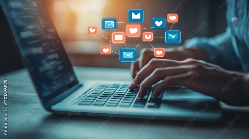 Person using laptop, social media network concept. Person using laptop, social media network concept.