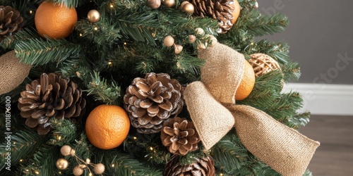 Christmas tree decorated with natural elements like pinecones, burlap ribbons, and dried oranges photo