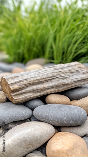 Stacked stones and wood in a natural setting near a blurred landscape during ...
