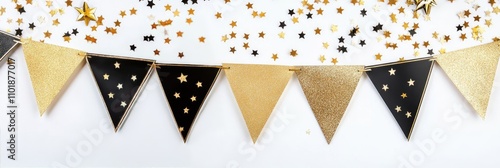 Decorative black and golden bunting with stars for a festive celebration setup