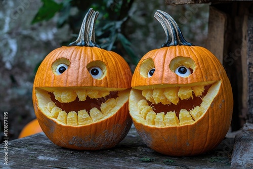 Two pumpkins with hand-carved faces, ideal for Halloween decorations or autumn-themed designs photo