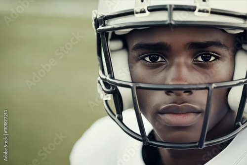 Intense football player wearing helmet and eye black during snowstorm at night