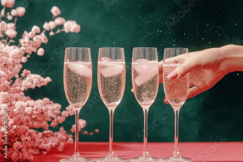 Refreshing cocktails with ice surrounded by delicate flowers at a vibrant gat...