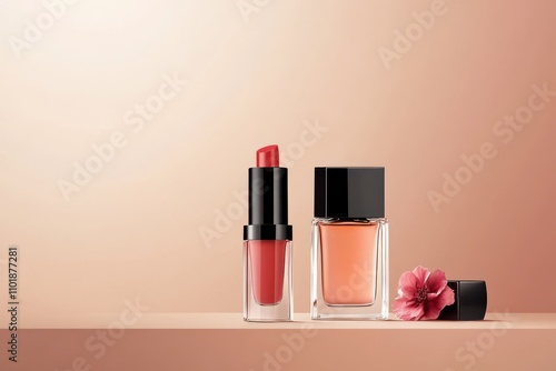 Elegant display of beauty products on a pastel background with soft floral ac...